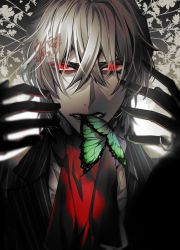 Rule 34 | 1boy, antonio salieri (fate), antonio salieri (second ascension) (fate), ascot, bad id, bad pixiv id, black gloves, black jacket, bug, butterfly, collared shirt, eyebrows, fate/grand order, fate (series), formal, gloves, insect, jacket, long sleeves, looking at viewer, male focus, neckwear request, parted lips, pinstripe pattern, red ascot, red eyes, shirt, short hair, solo, striped, suit, uehara (higanbachi), upper body, white hair, white shirt