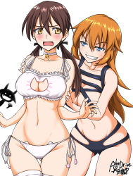 Rule 34 | 3girls, arm grab, artist name, bare arms, bare legs, bell, neck bell, blue eyes, blush, breasts, brown hair, cat cutout, cat ear panties, cat lingerie, charlotte e. yeager, cleavage, cleavage cutout, clenched teeth, clothing cutout, collar, curvy, embarrassed, fang, gertrud barkhorn, grin, hair ribbon, highres, jingle bell, koutarou (plusdrive), large breasts, legs, long hair, looking at another, looking at viewer, low twintails, meme attire, midriff, miyafuji yoshika, multiple girls, naughty face, navel, open mouth, orange hair, panties, paw print, rei no mizugi, revealing clothes, ribbon, shy, side-tie panties, silhouette demon, smile, strike witches, swimsuit, teeth, thigh gap, thighhighs, twintails, underwear, v-shaped eyebrows, white panties, wide hips, world witches series, yellow eyes, yuri