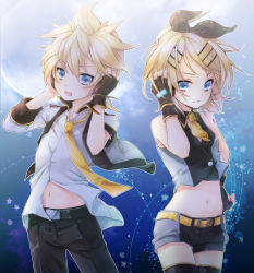 Rule 34 | 1boy, 1girl, black star (module), blonde hair, blue eyes, blue moon (module), brother and sister, gloves, hair ornament, hair ribbon, hairclip, kagamine len, kagamine rin, kodoku no hate (vocaloid), looking at viewer, midriff, natsumi yuu, navel, necktie, open mouth, project diva (series), project diva extend, ribbon, short hair, shorts, siblings, thighhighs, twins, vocaloid, yellow necktie