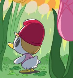Rule 34 | 1girl, animal crossing, bird, duck, flower, green background, highres, kopa nishikida, looking back, nintendo, phrygian cap, pompom (animal crossing), standing, tulip