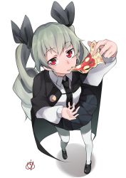 Rule 34 | 10s, 1girl, absurdres, anchovy (girls und panzer), anzio school uniform, artist name, black cape, black footwear, black necktie, black ribbon, black skirt, cape, commentary request, dress shirt, drill hair, eating, food, from above, full body, girls und panzer, gochiwa, green hair, hair ribbon, highres, holding, holding food, loafers, long hair, long sleeves, looking at viewer, looking up, miniskirt, necktie, pantyhose, pizza, pleated skirt, red eyes, ribbon, school uniform, shirt, shoes, signature, simple background, skirt, solo, standing, twin drills, twintails, white background, white pantyhose, white shirt
