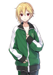 Rule 34 | 10s, 1boy, blonde hair, blush, ensemble stars!, jacket, male focus, nito nazuna, red eyes, rimo, short hair, simple background, solo, track suit, white background