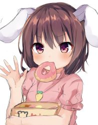 Rule 34 | 1girl, animal ears, bad id, bad twitter id, blush, brown eyes, brown hair, carrot necklace, commentary request, doughnut, food, food in mouth, hair between eyes, holding, inaba tewi, jewelry, karasusou nano, looking at viewer, mouth hold, necklace, rabbit ears, short hair, short sleeves, simple background, solo, touhou, upper body, white background