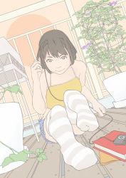 Rule 34 | 1girl, black hair, book, camisole, character request, clematis (flower), crop top, digital media player, dutch angle, feet, female focus, flower, flower pot, grey eyes, headphones, looking at viewer, no shoes, plank, plant, short hair, short shorts, shorts, sitting, solo, straight hair, striped clothes, striped thighhighs, thighhighs, yogorou, zettai ryouiki