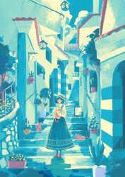 Rule 34 | 1girl, animal, aqua theme, atelier umiyury, black hair, building, cat, cloud, collared shirt, commentary, day, hat, highres, holding, holding animal, holding cat, long skirt, long sleeves, original, outdoors, plant, potted plant, procreate (medium), railing, red footwear, scenery, shirt, short hair, signature, skirt, sky, solo, stairs, standing, white shirt, wide shot