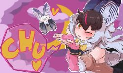 Rule 34 | 1girl, animal ears, bare shoulders, bat (animal), bat ears, bat wings, brown eyes, brown hair, brown long-eared bat (kemono friends), crescent moon, elbow gloves, extra ears, fingerless gloves, gloves, grey hair, heart, highres, kemono friends, kemono friends v project, leotard, long hair, looking at viewer, microphone, moon, night, onaji (sokudo seigen), one eye closed, scarf, simple background, virtual youtuber, wings