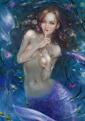 Rule 34 | 1girl, absurdres, breasts, brown hair, completely nude, covering breasts, covering privates, finger to mouth, flower, forehead, highres, leaf, lips, medium breasts, mermaid, monster girl, navel, nude, orange eyes, original, partially submerged, peiyu zhou, pink flower, solo, water, white flower
