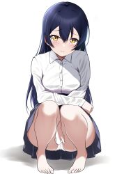 Rule 34 | 1girl, blue hair, borgbutler, highres, long hair, long sleeves, looking at viewer, love live!, shirt, simple background, solo, sonoda umi, white shirt, yellow eyes