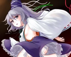 Rule 34 | 1girl, ass, breasts, detached sleeves, floating hair, from side, grey eyes, grey hair, hair between eyes, hat, high ponytail, japanese clothes, kariginu, long hair, long sleeves, looking at viewer, mononobe no futo, panties, parted lips, pom pom (clothes), ponytail, riria (liry a flower), sideboob, skirt, small breasts, solo, tate eboshi, touhou, underwear, upskirt, wide sleeves
