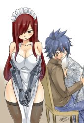 Rule 34 | 1boy, 1girl, apron, armor, bare shoulders, blue hair, blush, breasts, cleavage, clothed male nude female, denim, erza scarlet, fairy tail, hair over one eye, half-closed eyes, hetero, jeans, jellal fernandes, large breasts, long sleeves, maid, maid headdress, mashima hiro, naked apron, newspaper, no panties, nude, overalls, pants, pout, red hair, signature, simple background, sitting, standing, sweatdrop, sweater, tattoo, thighhighs, turtleneck, turtleneck sweater, white background