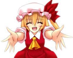 Rule 34 | 1girl, ascot, bad id, bad pixiv id, blonde hair, blush, closed eyes, female focus, flandre scarlet, hat, incoming hug, open mouth, outstretched arms, shunmin, simple background, smile, solo, touhou, white background