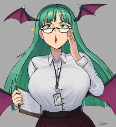 Rule 34 | 1girl, bat wings, breasts, clipboard, commentary, demon girl, english commentary, glasses, green eyes, green hair, highres, holding, holding clipboard, large breasts, long hair, looking at viewer, morrigan aensland, name tag, office lady, purple skirt, shirt, signature, skirt, slit pupils, star (symbol), t-shirt, tallinax, vampire (game), wings