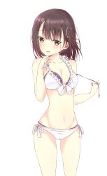 Rule 34 | 10s, 1girl, bare shoulders, bikini, breasts, brown hair, cleavage, collarbone, cowboy shot, eyebrows, frilled bikini, frills, front-tie top, haguro (kancolle), hair ornament, hand on own cheek, hand on own chin, hand on own face, highres, kantai collection, looking at viewer, navel, nobinonki, open mouth, side-tie bikini bottom, simple background, solo, standing, stomach, swimsuit, white background