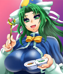 Rule 34 | 1girl, bow, breasts, female focus, food, ginnyo, gradient background, green eyes, green hair, hat, large breasts, long hair, matching hair/eyes, mima (touhou), mystic square, nerunerunerune, open mouth, solo, touhou, touhou (pc-98), wand, wizard hat