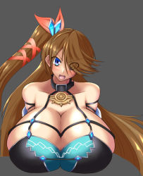 Rule 34 | 1girl, bare shoulders, blue eyes, breasts, brown hair, cleavage, collar, cropped torso, female focus, grey background, hair ornament, hair over one eye, hair ribbon, head tilt, huge breasts, kamihime project, leash, lettucerice, long hair, looking at viewer, open mouth, reta su gohan, ribbon, side ponytail, simple background, smile, solo, upper body, v-shaped eyebrows, x hair ornament