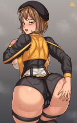 Rule 34 | 1girl, absurdres, anis (nikke), ass, ass grab, backboob, beret, breasts, brown hair, cameltoe, cleft of venus, goddess of victory: nikke, grabbing own ass, hand on own ass, hat, highres, huge ass, jacket, jmg, large breasts, looking back, shiny skin, short hair, short shorts, shorts, sideboob, smile, solo, sweat, thigh strap, yellow eyes