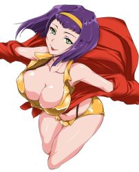 Rule 34 | 1girl, aoiakira553, bare shoulders, breasts, cleavage, coat, collarbone, cowboy bebop, faye valentine, green eyes, hairband, large breasts, lips, looking at viewer, off shoulder, purple hair, shiny clothes, shiny skin, short hair, shorts, simple background, solo, thighs, white background