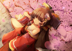 Rule 34 | 1girl, absurdres, alternate costume, bow, brown hair, cherry blossoms, closed mouth, finger to cheek, floral print, flower, frills, from above, hair bow, hair flower, hair ornament, hair tubes, hakurei reimu, highres, japanese clothes, kimono, long hair, long sleeves, looking at viewer, looking up, obi, off shoulder, petals, red bow, red eyes, red kimono, sarashi, sash, senbon tsuki, sidelocks, smile, solo, touhou, wide sleeves