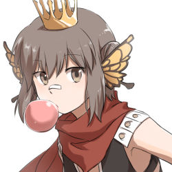 Rule 34 | 1girl, armor, assassin cross (ragnarok online), bandaid, bandaid on face, bandaid on nose, black leotard, brown eyes, brown hair, blowing bubbles, butterfly wings, chewing gum, commentary request, crown, double bun, hair bun, head wings, insect wings, leotard, looking at viewer, natsuya (kuttuki), orange wings, pauldrons, ragnarok online, red scarf, scarf, short hair, shoulder armor, simple background, solo, upper body, white background, wings
