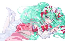 Rule 34 | 1girl, absurdres, aqua hair, back bow, blue eyes, blush, bow, detached sleeves, dress, flower, food, fruit, hair flower, hair ornament, hairband, hatsune miku, highres, lolita hairband, long hair, long sleeves, looking at viewer, lying, maccha (udva5383), no shoes, on stomach, open mouth, own hands together, ribbon, sleeveless, sleeveless dress, smile, socks, solo, strawberry, strawberry miku (morikura), treble clef, twintails, very long hair, vocaloid