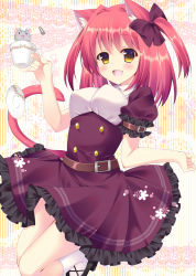 Rule 34 | animal ears, bekotarou, belt, bow, cat ears, cat tail, cup, dress, fang, hair bow, hamster, highres, original, red hair, saucer, seed, socks, solo, sunflower seed, tail, teacup, two side up, yellow eyes