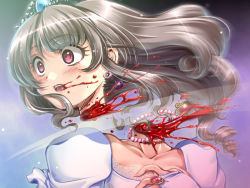 Rule 34 | 1girl, blood, brown hair, death, decapitation, earrings, guro, jewelry, long hair, motion blur, necklace, princess, severed head, shuuko, solo, surprised