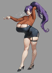 Rule 34 | agoppdki, agu (agoppdki), arm up, breasts, brown eyes, cigarette, cleavage, colorized, fishnet pantyhose, fishnets, grey background, huge breasts, jewelry, long hair, looking at viewer, mature female, maya motoko (agu), necklace, original, pantyhose, pearl necklace, ponytail, purple hair, red nails, smile, standing, sweater, tagme, thighs, tight skirt, turtleneck, turtleneck sweater, very short skirt