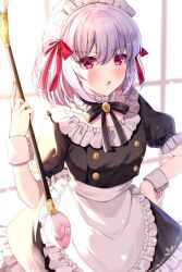 Rule 34 | 1girl, apron, black dress, black ribbon, blush, buttons, commentary request, detached collar, dress, duster, fate/grand order, fate/grand order arcade, fate (series), hair between eyes, hair ribbon, hand on own hip, holding, holding duster, kama (fate), kama (mistake) (fate), looking at viewer, maid, maid headdress, neck ribbon, puffy short sleeves, puffy sleeves, red eyes, red ribbon, ribbon, sakura (tariliko), short hair, short sleeves, solo, waist apron, white apron, white hair, wrist cuffs