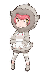 Rule 34 | 1girl, closed mouth, fingerless gloves, gloves, highres, hood, hoodie, japanese macaque (kemono friends), kemono friends, leggings, looking at viewer, monkey girl, monkey tail, official art, pink hair, shoes, shorts, simple background, solo, tachi-e, tail, yellow eyes, yoshizaki mine