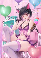 Rule 34 | 1girl, animal ears, balloon, black choker, black hair, blue archive, bra, breasts, cat ears, choker, collarbone, colored inner hair, emanon123, extra ears, food, gloves, hair ornament, hairclip, halo, heart balloon, highres, holding, holding food, ice cream, kazusa (blue archive), lingerie, looking at viewer, medium breasts, multicolored hair, open mouth, panties, phone, pink bra, pink hair, pink halo, pink panties, purple thighhighs, red eyes, short hair, sitting, solo, thighhighs, tongue, tongue out, underwear