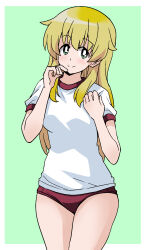 Rule 34 | 1girl, blonde hair, bright pupils, buruma, carpaccio (girls und panzer), closed mouth, commentary request, cowboy shot, finger to own chin, girls und panzer, green background, green eyes, gym shirt, gym uniform, highres, long hair, looking at viewer, navel, ponzu rui, red buruma, shirt, short sleeves, simple background, smile, solo, standing, t-shirt, white pupils, white shirt