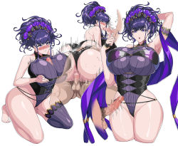 Rule 34 | 1girl, 2boys, arm behind head, arm up, armlet, armpits, ass, bare shoulders, black gloves, black one-piece swimsuit, blush, breasts, breasts squeezed together, censored, closed mouth, covered navel, erection, fate/grand order, fate (series), fellatio, fingerless gloves, flower, gloves, gold trim, group sex, hair flower, hair ornament, hair up, half gloves, head out of frame, hella p, hetero, highleg, highleg swimsuit, kneeling, large breasts, long hair, looking at viewer, looking up, mosaic censoring, multiple boys, multiple penises, multiple views, murasaki shikibu (fate), murasaki shikibu (swimsuit rider) (fate), murasaki shikibu (swimsuit rider) (first ascension) (fate), one-piece swimsuit, oral, paizuri, penis, purple eyes, purple hair, pussy, sex, shawl, simple background, single thighhigh, swimsuit, testicles, thighhighs, thighs, vaginal, white background