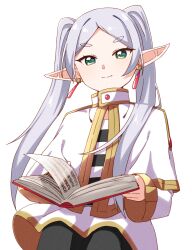 Rule 34 | 1girl, book, capelet, commentary request, commission, earrings, frieren, green eyes, grey hair, haru (konomi 150), high collar, highres, holding, holding book, jewelry, long hair, long pointy ears, looking at viewer, pantyhose, parted bangs, partial commentary, pixiv commission, pointy ears, sitting, smile, solo, sousou no frieren, thick eyebrows, twintails, very long hair