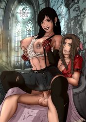 Rule 34 | 1futa, 1girl, aerith gainsborough, breasts, clothed sex, final fantasy, futa with female, futanari, highres, large breasts, multiple girls, nipples, qualon, reverse upright straddle, sex, sex from behind, tagme, testicles, tifa lockhart, torn clothes