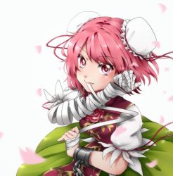 Rule 34 | 1girl, bandaged arm, chain, cherry blossoms, cuffs, double bun, green skirt, ibaraki kasen, looking at viewer, momo-nora, mouth hold, petals, pink eyes, pink hair, pink rope, puffy short sleeves, puffy sleeves, rope, shackles, shirt, short hair, short sleeves, simple background, skirt, solo, tabard, touhou, white background, white shirt, wind