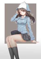 Rule 34 | 10s, 1girl, absurdres, blue hat, brown eyes, brown hair, girls und panzer, hat, highres, long hair, looking at viewer, matching hair/eyes, mika (girls und panzer), one eye closed, pleated skirt, ren (gh), sitting, skirt, smile, solo, wind, wind lift