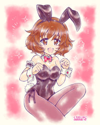 Rule 34 | 1girl, :d, puff of air, akiyama yukari, alternate costume, animal ears, armband, artist name, black leotard, black pantyhose, bow, bowtie, breasts, brown eyes, brown hair, cleavage, clenched hands, commentary, covered navel, cowboy shot, dated, detached collar, fake animal ears, fake tail, girls und panzer, kuromori yako, leg up, leotard, looking at viewer, medium breasts, messy hair, one-hour drawing challenge, open mouth, pantyhose, playboy bunny, rabbit ears, rabbit tail, red background, red bow, red bowtie, short hair, side-tie leotard, smile, solo, sparkle, standing, strapless, strapless leotard, tail, wrist cuffs