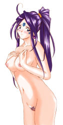 Rule 34 | 1girl, aa megami-sama, aged up, blush, breasts, censored, colored pubic hair, earrings, facial mark, female pubic hair, forehead mark, jewelry, long hair, looking at viewer, medium breasts, mosaic censoring, nipples, nude, ponytail, pubic hair, purple hair, simple background, skuld (aa megami-sama), solo, standing