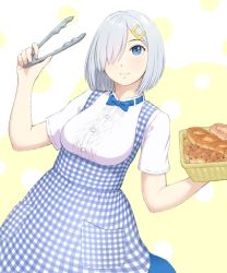 Rule 34 | 1girl, alternate costume, apron, basket, blue apron, blue bow, blue bowtie, blue eyes, bow, bowtie, bread, commentary request, cowboy shot, eyebrows hidden by hair, food, gingham, gingham apron, hair ornament, hair over one eye, hairclip, hama! (3toshinhmkz), hamakaze (kancolle), highres, kantai collection, kobeya, kobeya uniform, looking at viewer, shirt, short hair, short sleeves, silver hair, smile, solo, tongs, two-tone background, waitress, white shirt