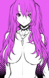 Rule 34 | 1girl, breasts, choker, collar, hair censor, jewelry, large breasts, long hair, looking at viewer, monochrome, necklace, nude, original, purple background, purple eyes, purple hair, ran&#039;ou (tamago no kimi), simple background, solo, spiked collar, spikes