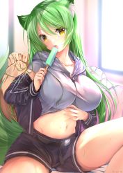 Rule 34 | 1girl, animal ears, artist name, belt, black belt, black jacket, black shorts, blurry, blurry background, breasts, clothes lift, collarbone, commentary request, commission, cowboy shot, day, drop.b, food, fox ears, fox girl, fox tail, green hair, grey shirt, groin, hair between eyes, highres, holding, holding food, hood, hood down, hooded shirt, indoors, jacket, large breasts, licking, long hair, looking at viewer, midriff, navel, off shoulder, on bed, open mouth, original, pillow, popsicle, shirt, shirt lift, short shorts, shorts, sidelocks, sitting, skeb commission, solo, tail, teeth, upper teeth only, window, yellow eyes