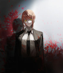 Rule 34 | 1girl, against wall, black coat, black necktie, black suit, blood, blood on clothes, blood on face, blood on wall, blunt bangs, chainsaw man, closed mouth, coat, collared shirt, dress shirt, formal, grey background, highres, jiu yang, lapels, long coat, looking at viewer, makima (chainsaw man), necktie, notched lapels, orange hair, shadow, shirt, sidelocks, smile, solo, standing, suit, white shirt, yellow eyes