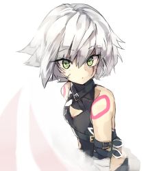 Rule 34 | 1girl, bad id, bad twitter id, bandages, bare shoulders, breasts, cleavage, closed mouth, fate/apocrypha, fate/grand order, fate (series), from side, green eyes, highres, jack the ripper (fate/apocrypha), looking at viewer, looking to the side, scar, short hair, silver hair, small breasts, solo, suminagashi, upper body