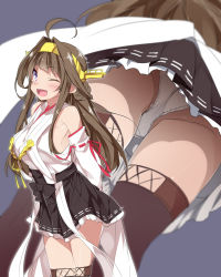 Rule 34 | 1girl, ahoge, ass, bare shoulders, black skirt, black thighhighs, brown hair, commentary request, detached sleeves, double bun, from below, hair bun, hairband, headgear, highres, japanese clothes, kantai collection, kongou (kancolle), long hair, mtu (orewamuzituda), multiple views, nontraditional miko, one eye closed, open mouth, panties, pleated skirt, purple eyes, ribbon-trimmed sleeves, ribbon trim, simple background, skirt, smile, thighhighs, underwear, white panties, wide sleeves