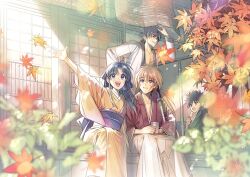 Rule 34 | 1girl, 3boys, architecture, arm up, autumn, black hair, blue eyes, blue hair, blue ribbon, blurry, blurry foreground, building, collarbone, commentary request, cross scar, cup, east asian architecture, facial scar, green kimono, hair between eyes, hair ribbon, hakama, hakama pants, headband, high ponytail, highres, himura kenshin, holding, holding cup, japanese clothes, kamiya kaoru, katana, kimono, leaf, light particles, long hair, long sleeves, looking at viewer, looking up, low ponytail, maple leaf, multiple boys, myoujin yahiko, natsu mikan (level9), obi, open clothes, open mouth, open shirt, orange hair, outstretched arm, outstretched hand, pants, parted bangs, parted lips, pectorals, plant, purple eyes, red headband, red kimono, ribbon, rurouni kenshin, sagara sanosuke, sash, scar, scar on cheek, scar on face, sheath, sheathed, short hair, sidelocks, sitting, smile, spiked hair, sword, weapon, white hakama, wide sleeves, yellow kimono