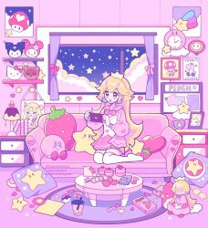 Rule 34 | 1girl, :d, analog clock, animal crossing, artist name, bishoujo senshi sailor moon, blonde hair, blue eyes, blush, book, bow, bowtie, box, bulletin board, cake, cake slice, candy, cardigan, character doll, character name, clock, cloud, commentary, couch, creatures (company), crown, cup, curtains, dango, desk lamp, disposable cup, drawer, drinking straw, earrings, english commentary, eyelashes, fire flower, food, fruit, game freak, gen 3 pokemon, hair between eyes, handheld game console, hands up, heart, heart-shaped lollipop, heart-shaped pillow, hello kitty, hello kitty (character), highres, holding, holding handheld game console, indoors, jewelry, kirby, kirby (series), kuromi, lamp, lollipop, long hair, long sleeves, luvdisc, macaron, mario (series), meowwniz, mini crown, mug, my melody, night, night sky, nintendo, on couch, onegai my melody, open cardigan, open clothes, open mouth, paper, picture frame, pillow, pink bow, pink bowtie, pink cardigan, pink sailor collar, pink skirt, pleated skirt, pocky, poke ball, poke ball (basic), pokemon, poster (object), princess peach, rug, sailor collar, sanrio, school uniform, shaped lollipop, shelf, shirt, sidelocks, sitting, skirt, sky, smile, solo, sphere earrings, star (sky), star (symbol), star-shaped pillow, starry sky, strawberry, strawberry-shaped pillow, strawberry pocky, stuffed toy, super mushroom, super star (mario), table, thighhighs, toad (mario), tom nook (animal crossing), tsukino usagi, twitter username, very long hair, wagashi, wall clock, white shirt, white thighhighs, window, yoshi