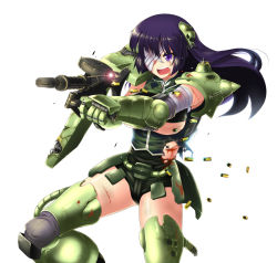 Rule 34 | 1girl, bandages, blood, breasts, butter-t, casing ejection, eyepatch, gun, gundam, injury, large breasts, long hair, mecha musume, mobile suit gundam, open mouth, personification, purple eyes, purple hair, scrape, shell casing, shiny skin, simple background, solo, tears, torn clothes, underboob, weapon, zaku ii f/j