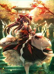 Rule 34 | 1girl, ascot, backlighting, bare shoulders, bow, breasts, brown eyes, brown hair, collared shirt, detached sleeves, floating hair, frilled bow, frilled shirt collar, frilled skirt, frills, gohei, hair between eyes, hair bow, hair ornament, hair tubes, hakurei reimu, half updo, highres, holding, long hair, looking at viewer, medium hair, nontraditional miko, ouma tokiichi, outdoors, petticoat, red bow, red shirt, red skirt, ribbon-trimmed sleeves, ribbon trim, shirt, sidelocks, skirt, skirt set, sleeveless, sleeveless shirt, smile, solo, stairs, standing, sunset, torii, touhou, wide sleeves, wind, yellow ascot