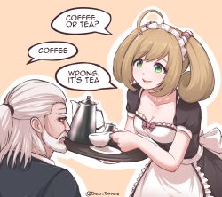 Rule 34 | 1boy, 1girl, :d, ahoge, apron, artist name, beard, collarbone, commentary, cup, disco brando, english text, facial hair, frilled apron, frills, green eyes, highres, idolmaster, idolmaster cinderella girls, light brown hair, long hair, maid, maid headdress, mustache, open mouth, outline, ponytail, sato shin, smile, speech bubble, teacup, teapot, the witcher (series), the witcher 3, tray, twintails, twitter username, waist apron, white hair, white outline