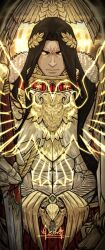 Rule 34 | 1boy, :|, aquila (symbol), armor, bird, black hair, closed mouth, colored sclera, commentary, commentary request, eagle, emperor of mankind, english commentary, fur-trimmed armor, fur trim, furrowed brow, glowing, glowing eyes, glowing symbol, gold armor, goldriver, hand on hilt, highres, imperial aquila, laurel crown, long hair, looking at viewer, magic, male focus, no pupils, ornate, ornate armor, pauldrons, pelvic curtain, power armor, shoulder armor, signature, solo, straight-on, sword, thick eyebrows, upper body, warhammer 40k, weapon, yellow eyes, yellow sclera
